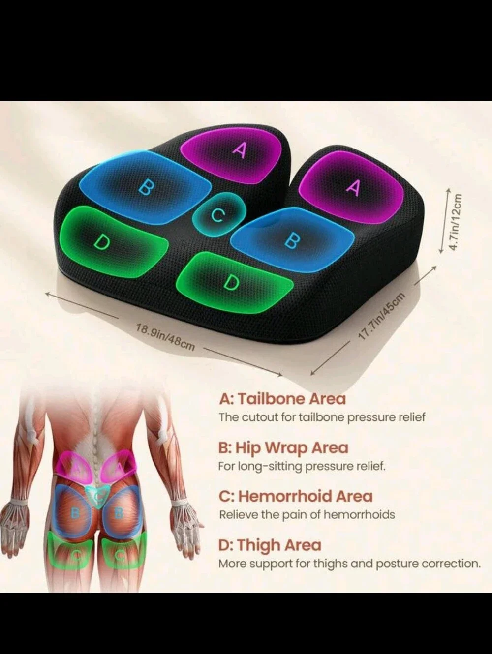 Ergonomic Memory Foam Seat Cushion - Black